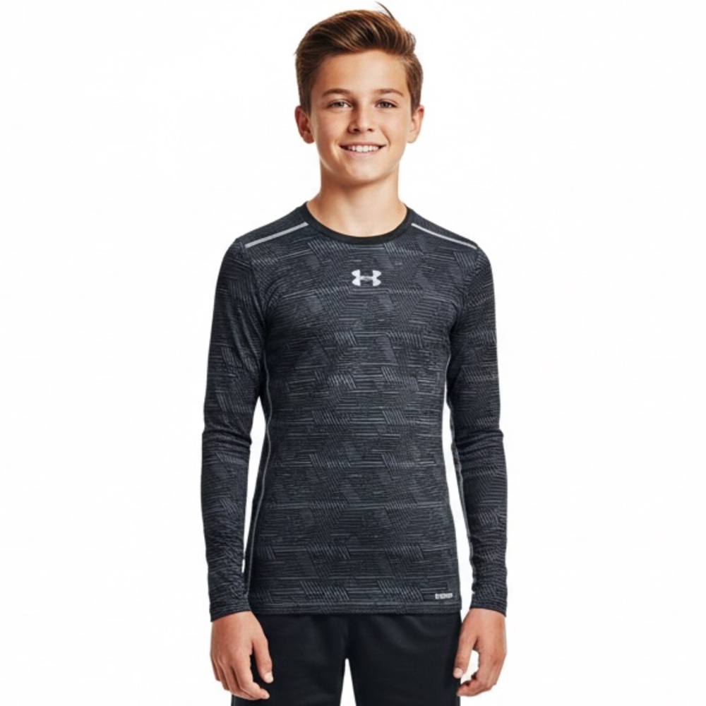 Under Armour Fitted Charcoal Geometric Long Sleeve Top Youth Large Activewear